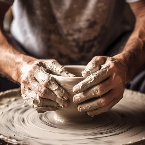 Hands making a pot on the pottery wheel by Midjourney