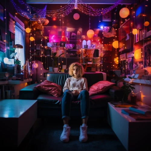 Girl sitting on a couch in a room with neon lights by Midjourney