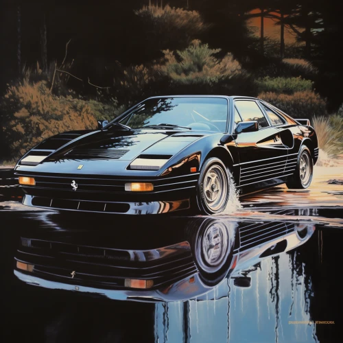 1980s style black Ferrari driving on reflective water by Midjourney