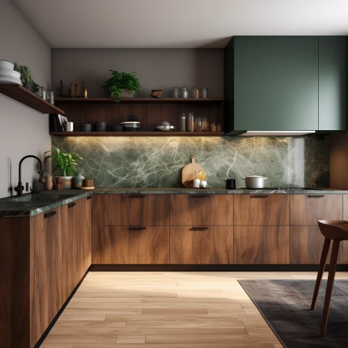 Kitchen interior in green and wooden colors by Midjourney