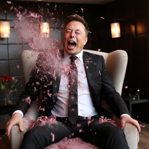 Elon Musk in a suit and tie sitting in an armchair with pink substance sprinkled on him by Midjourney