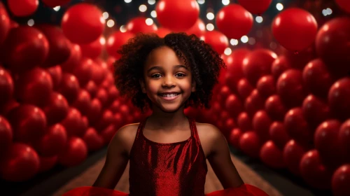 Little girl in a red dress among balloons by Midjourney