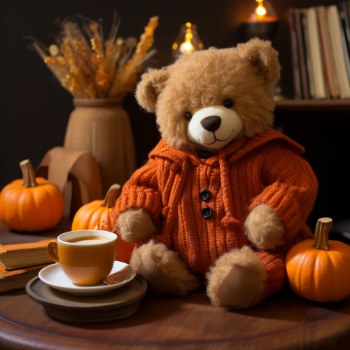 Teddy bear sitting on a table with a cup of coffee and pumpkins by Midjourney