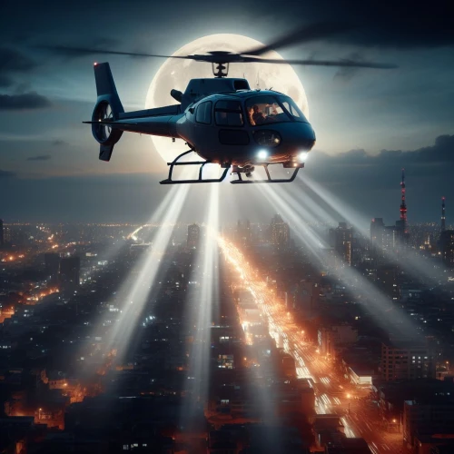 Helicopter flying over a night city by DALL-E