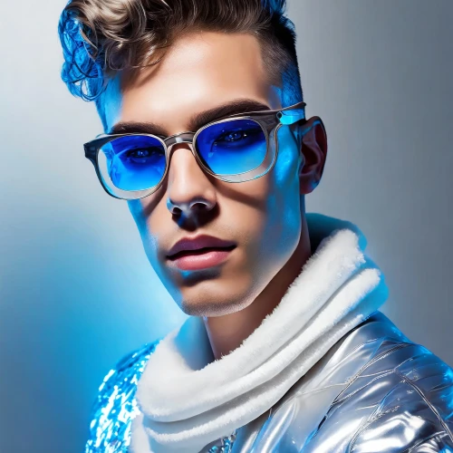 Man wearing blue sunglasses and a silver jacket by Adobe Firefly