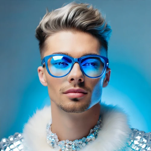 Male model wearing blue glasses and a fur collar by Adobe Firefly