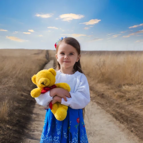 Girl holding a teddy bear in the field by Adobe Firefly