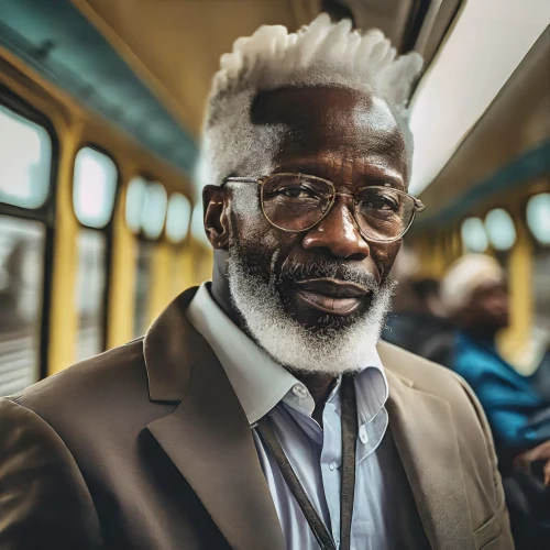 Black man with white hair and glasses by Adobe Firefly