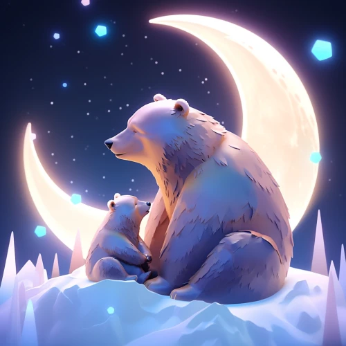Bear and a baby bear sitting on a snowy hill with the Moon in the background by Midjourney