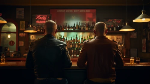 Two cool men in leather jackets sitting at a bar by Midjourney