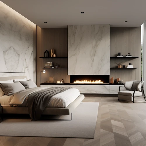 Modern bright bedroom with a fireplace by Midjourney