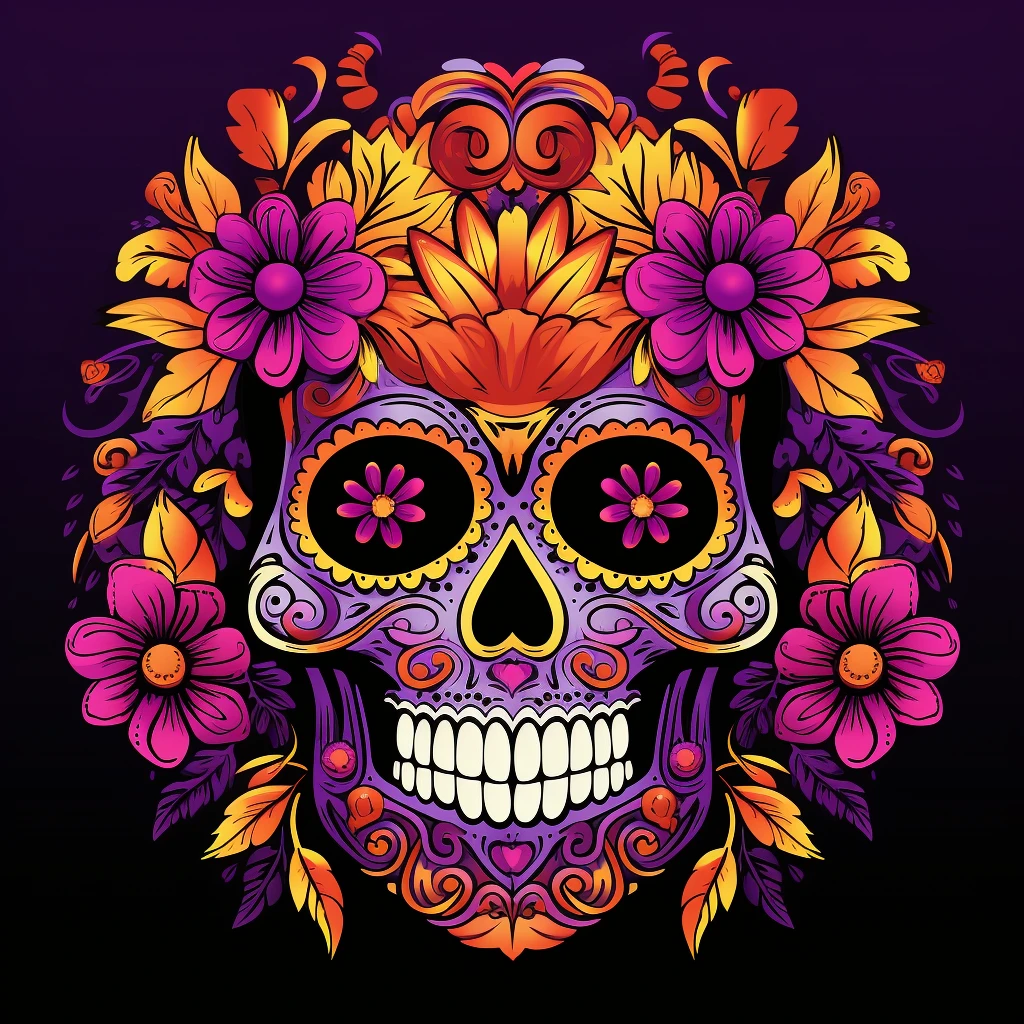 Colored skull illustration with flowers in i... – Midjourney Prompt