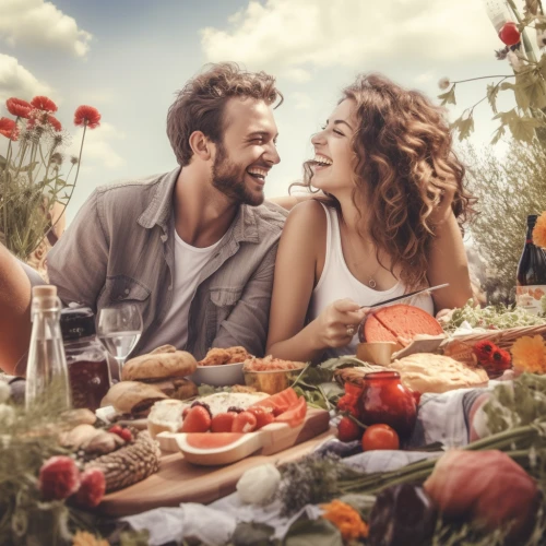 a man and woman sitting at a picnic table with food by Midjourney