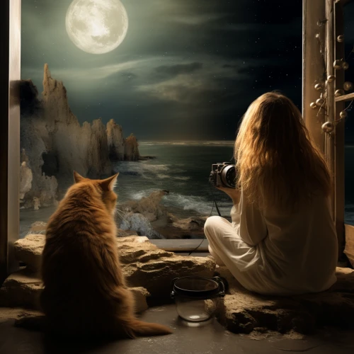 a woman and cat looking at the moon by Midjourney