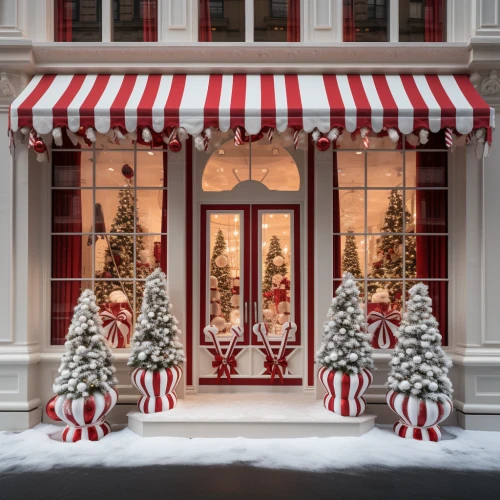 a store front with christmas decorations by Midjourney