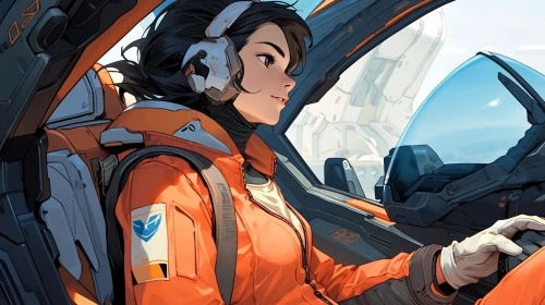 a woman in an orange pilot's uniform by Midjourney