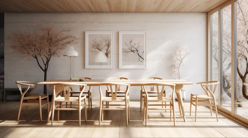 a dining room with a table and chairs by Midjourney