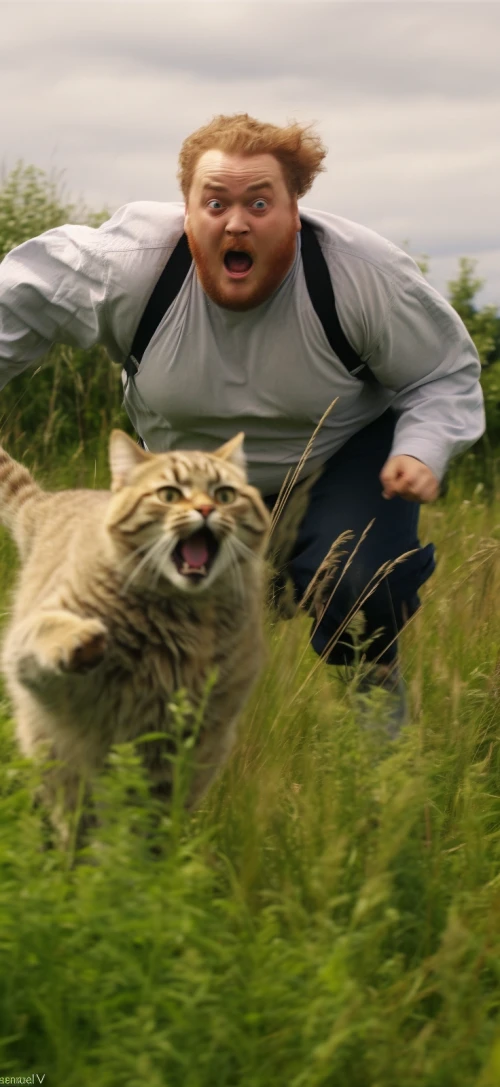 a man running with a cat by Midjourney