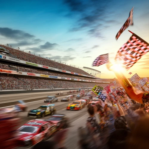 a crowd of people in a race track with flags by Midjourney