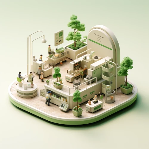 a model of a building with people and trees by Midjourney