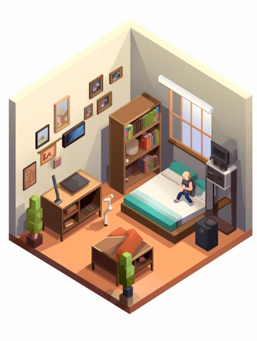 a isometric bedroom with a person sitting on a bed by Midjourney