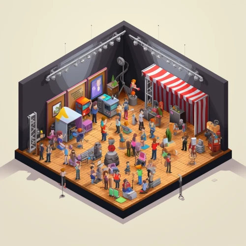 a isometric illustration of a room with people by Midjourney