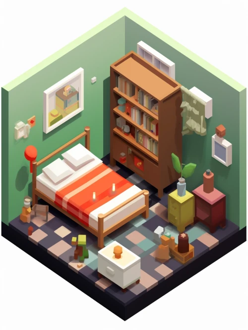 a bedroom with a bed and bookshelf by Midjourney