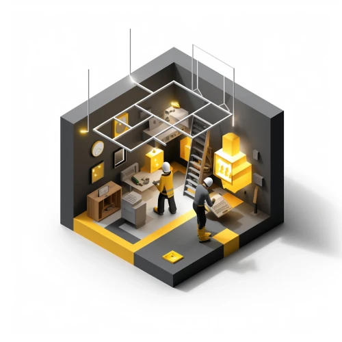 a isometric illustration of a room with men and a ladder by Midjourney