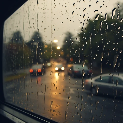 a view of a road through a window with rain drops on it by Midjourney