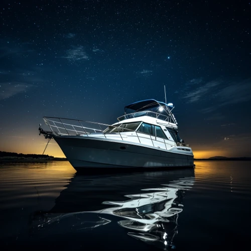 a boat on the water at night by Midjourney